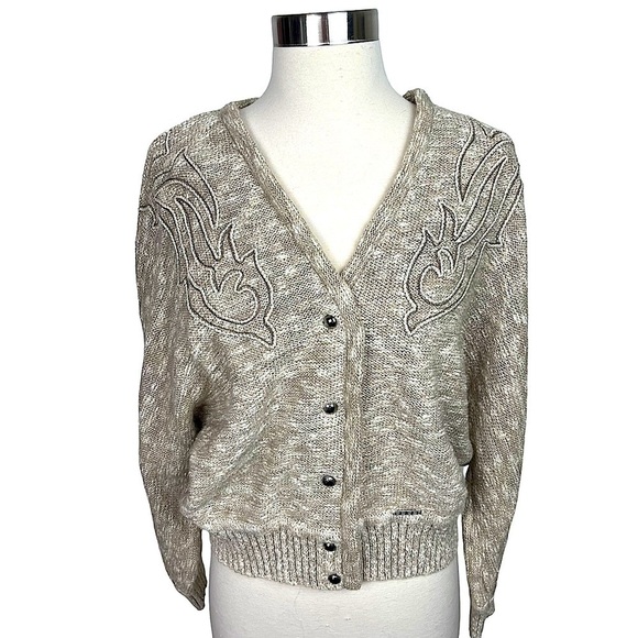 VTG Geiger Cotton Linen Blend Embroidered Mottled Beige Knit Cardigan Sweater L - Picture 1 of 11